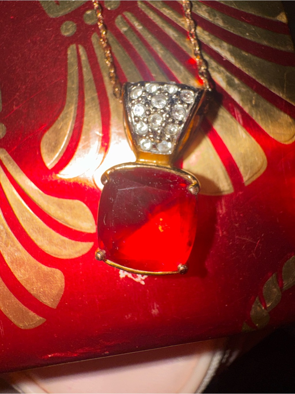 Gold Pendant Necklace with Red Glass Stone and Crystal Pavé Bail